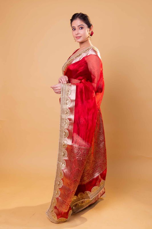 Red Embellished Lace Pure Soft Tissue Silk Saree