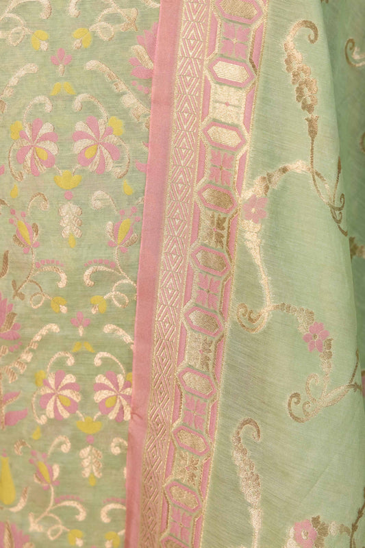 Pista Green Floral Weaving Chanderi Suit