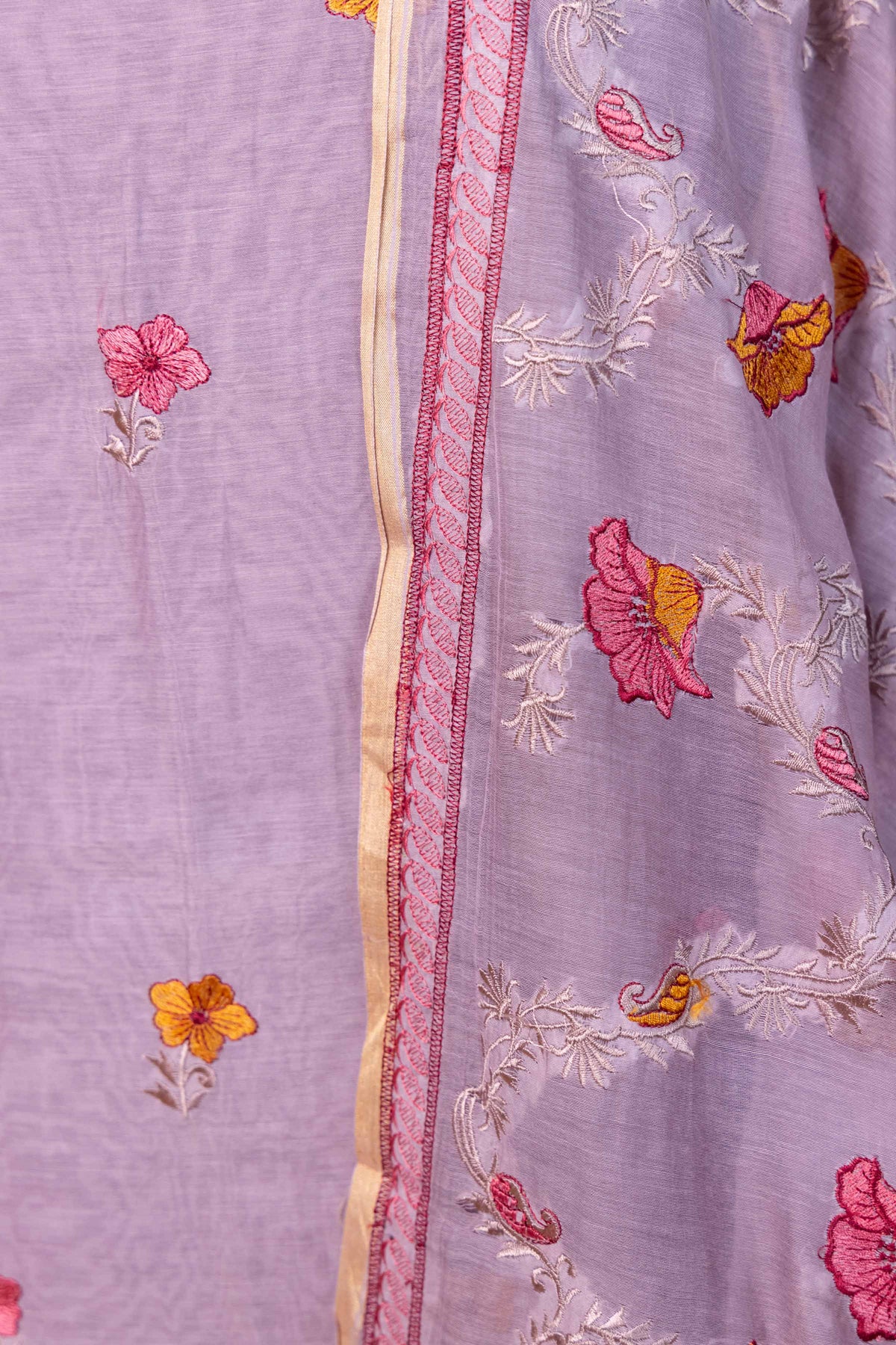Grey Embroidered Mul Chanderi Suit