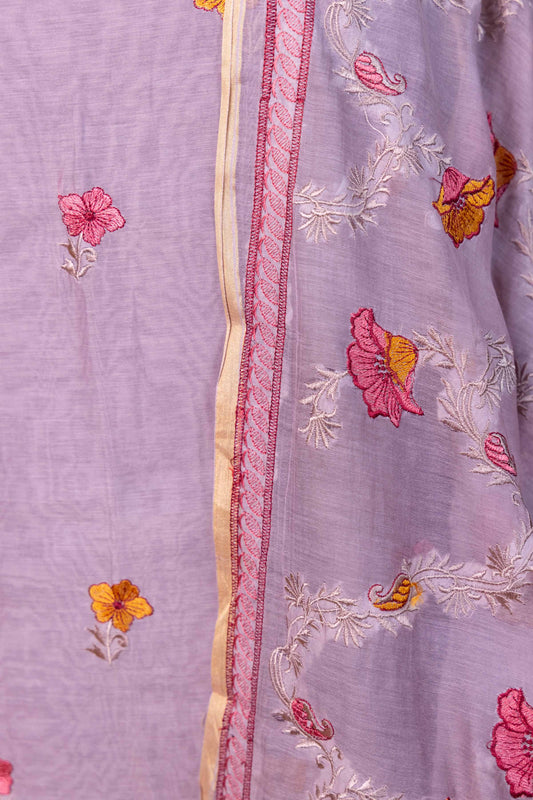 Grey Embroidered Mul Chanderi Suit