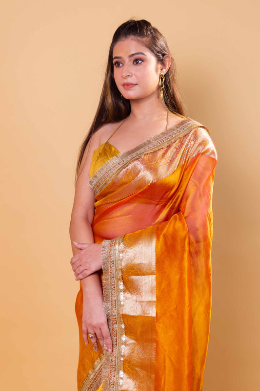 Mustard Dhup Chav Embellished Lace Pure Soft Tissue Silk Saree