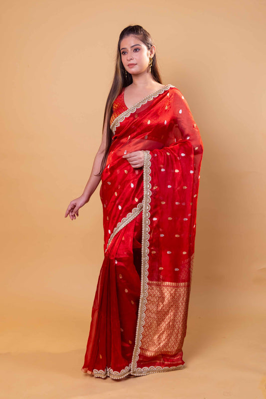 Red Pure Tissue Silk Saree With Embroidery Border