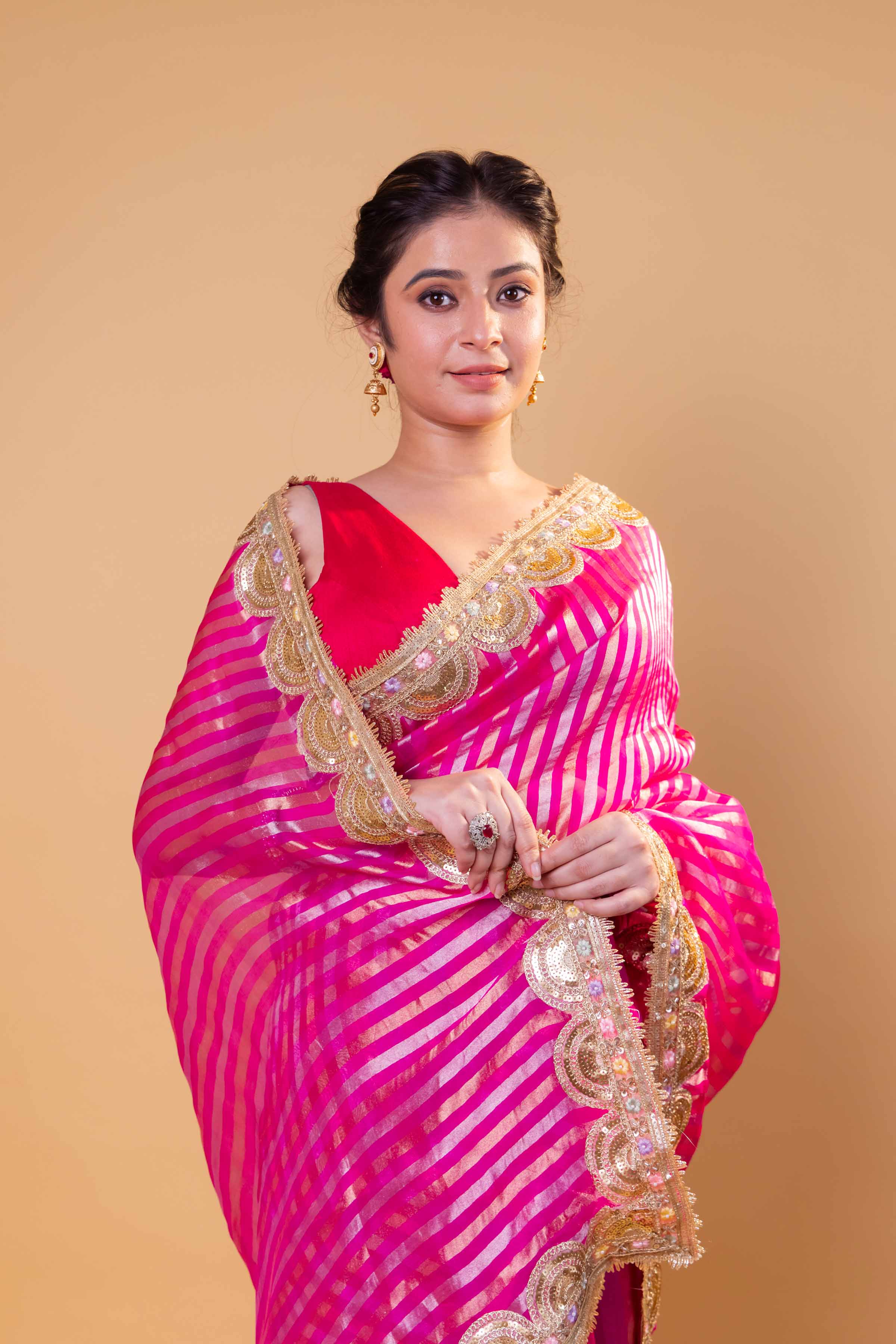 Rani Sona Rupa Stripe Organza Silk Saree With Embellished Border