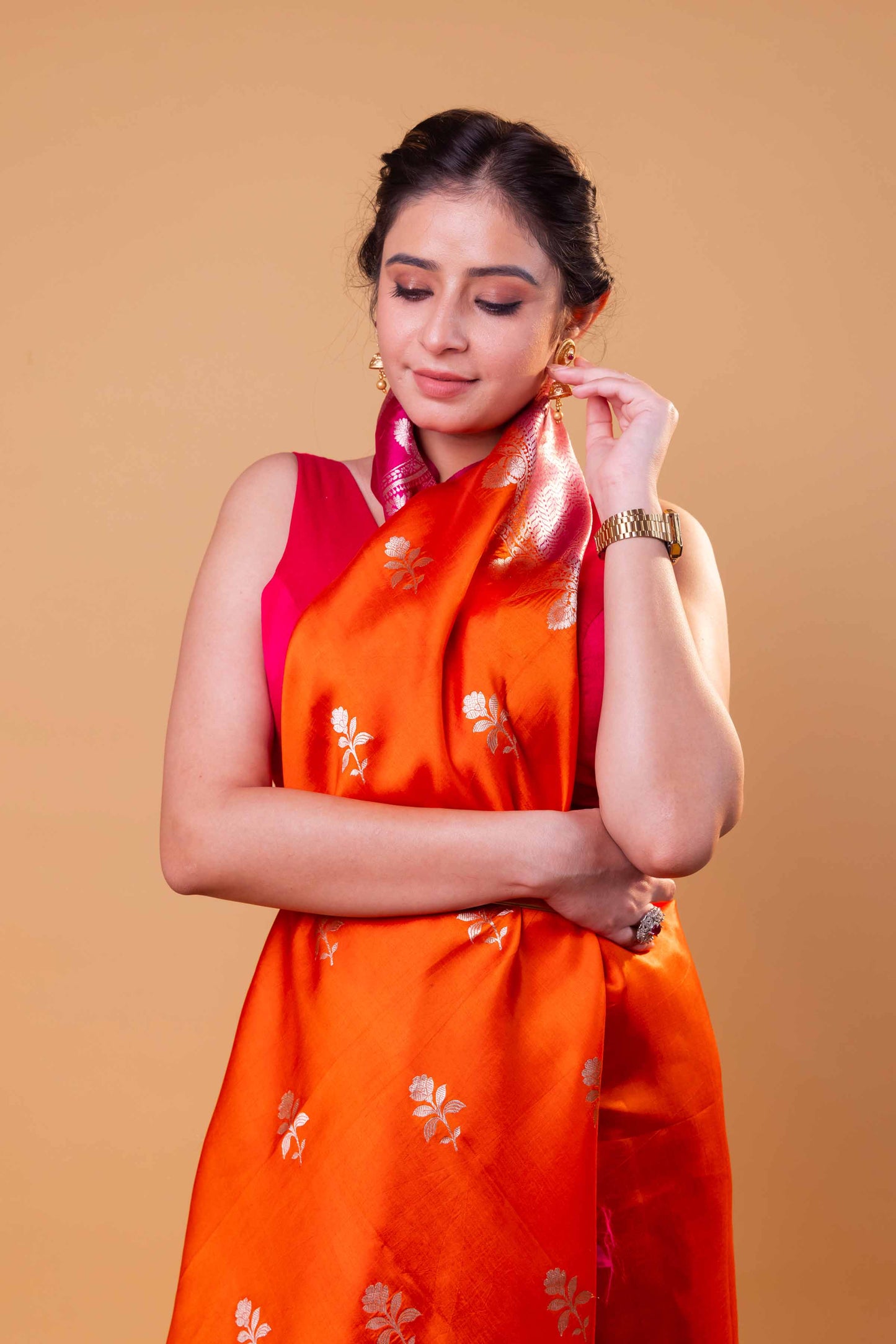 Orange & Rani Floral Puna Silk Saree