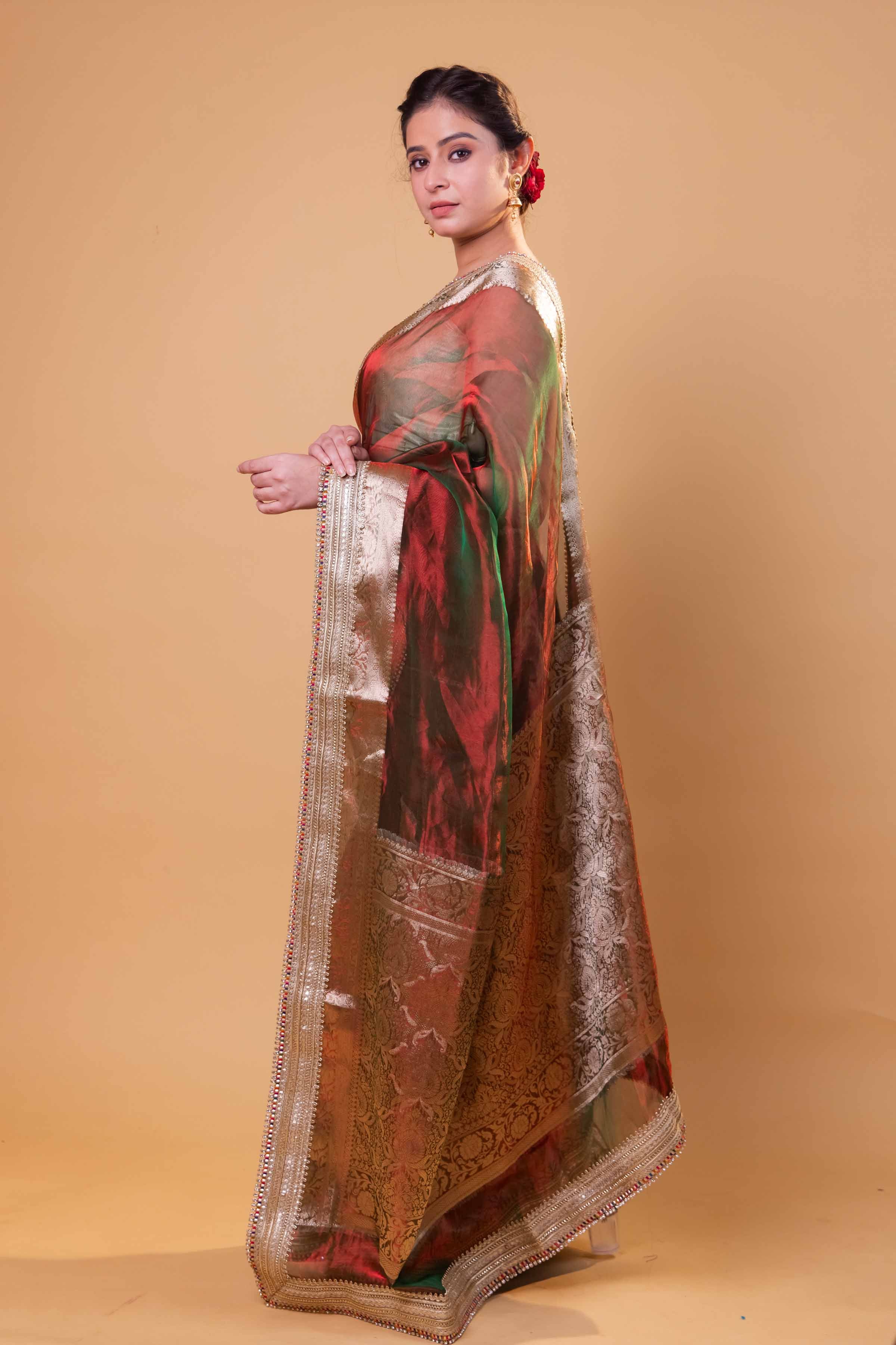 Red & Green Dhup Chav Embellished Lace Pure Tissue Silk Saree