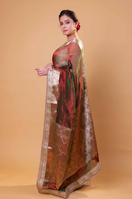 Red & Green Dhup Chav Embellished Lace Pure Tissue Silk Saree