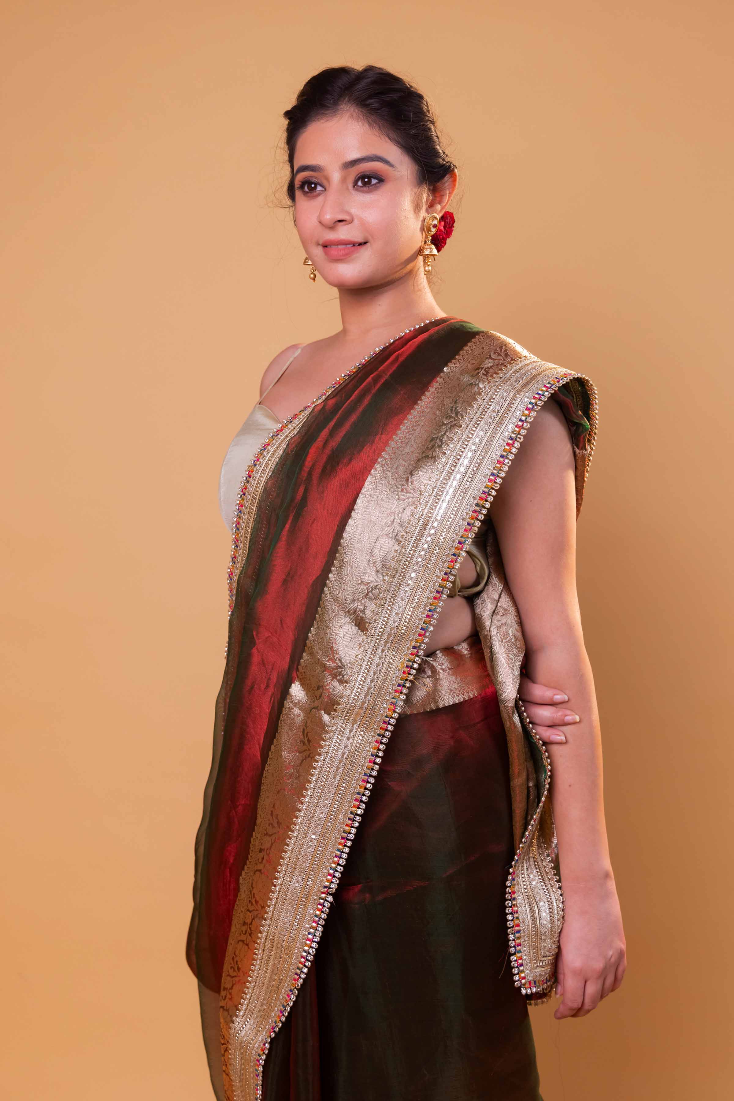 Red & Green Dhup Chav Embellished Lace Pure Tissue Silk Saree