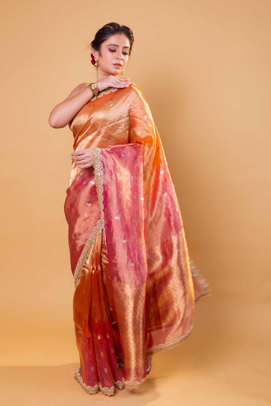 Orange & Rani Pure Tissue Silk Saree With Embroidery Border