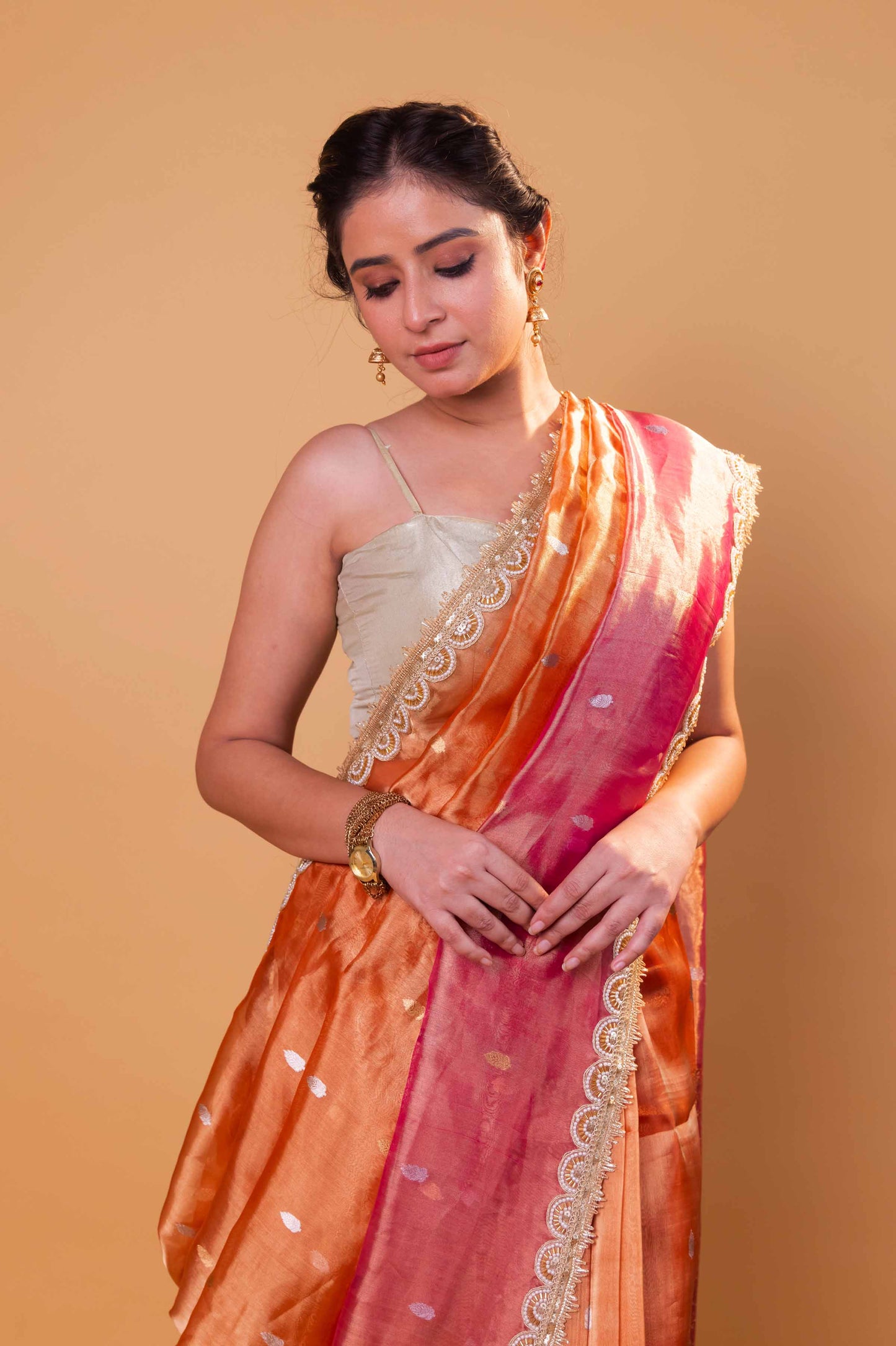 Orange & Rani Pure Tissue Silk Saree With Embroidery Border