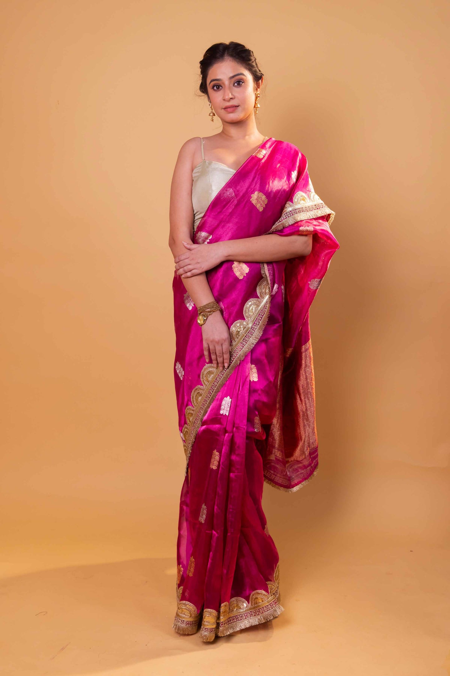 Rani Pink Pure Tissue Silk Saree With Embroidery Border