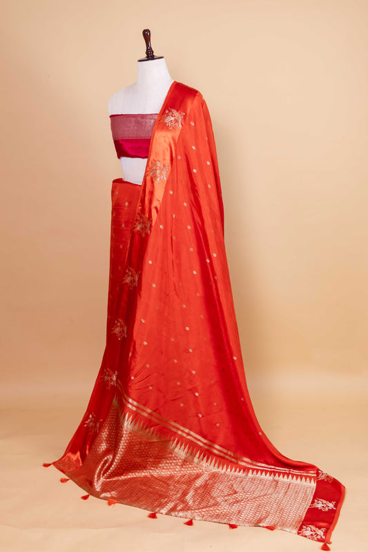 Orange Bird Motif Russian Silk Saree