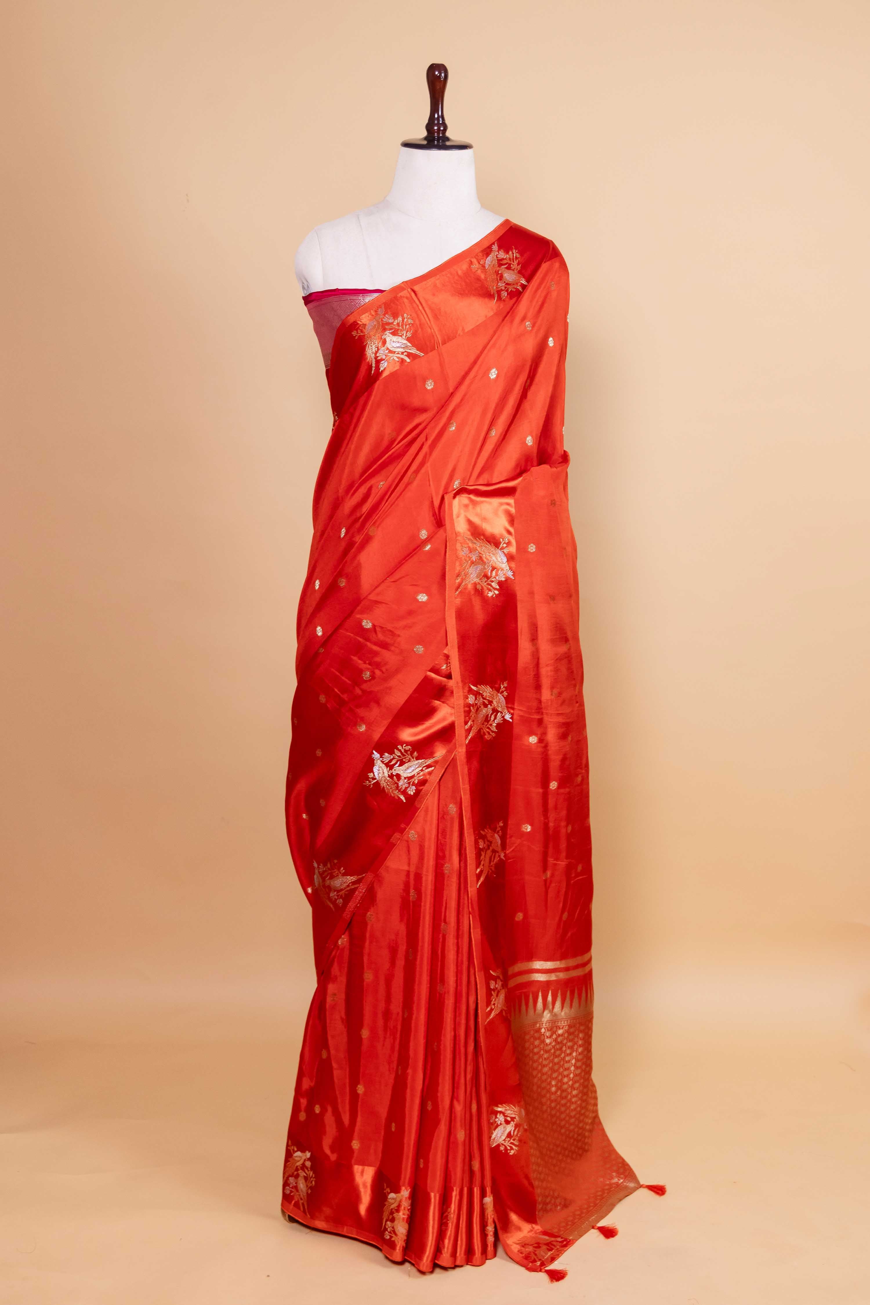Orange Bird Motif Russian Silk Saree