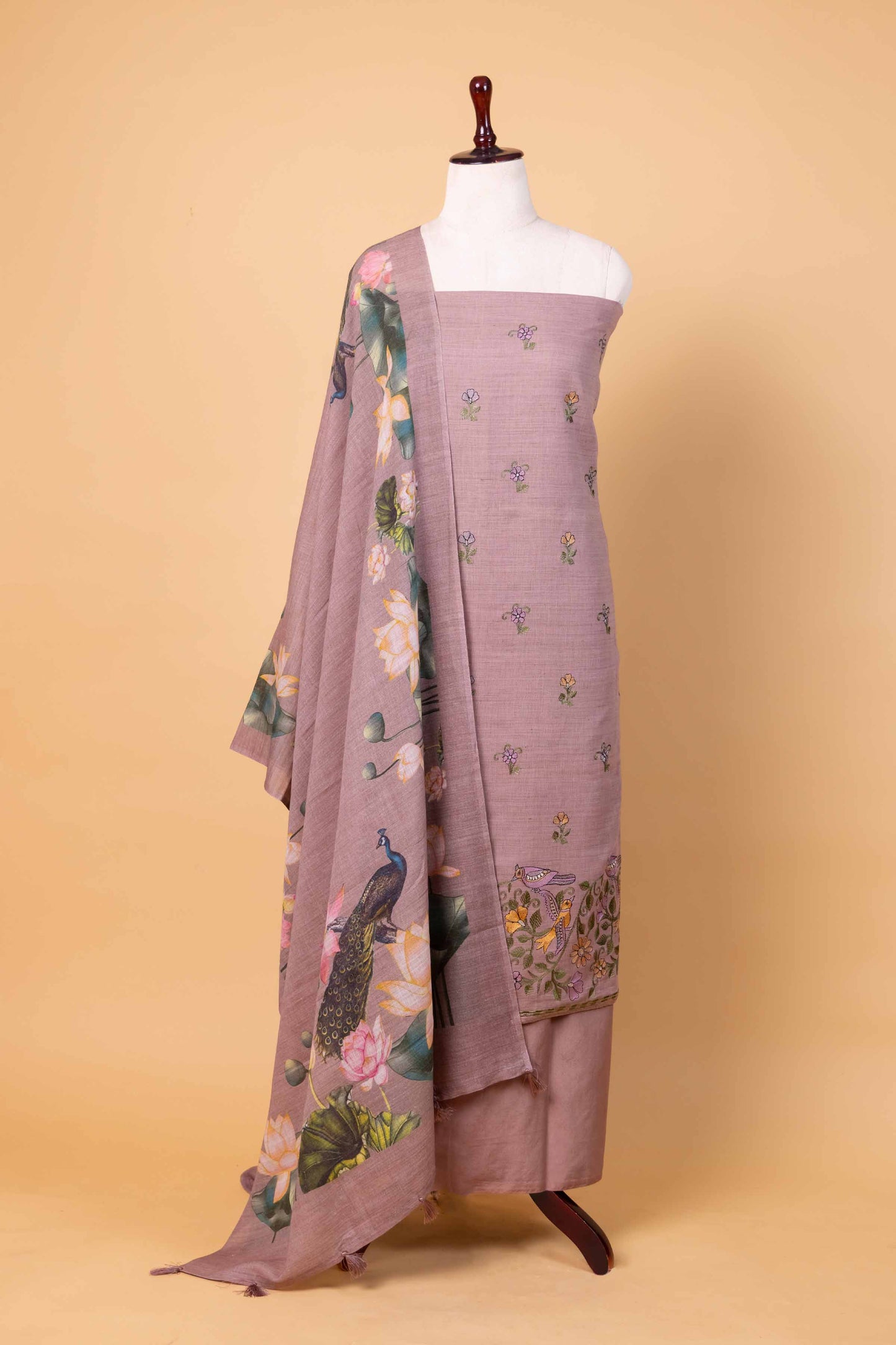 Brown Matka Linen Suit With Embroidery