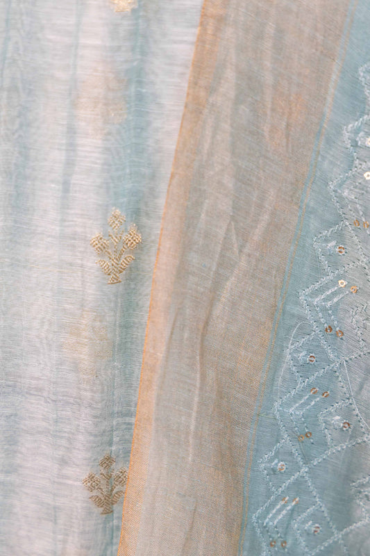 Sea Green Zari Woven Linen Silk Suit