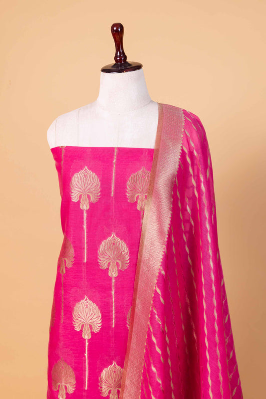 Hot Pink Floral Weaving Chanderi Suit