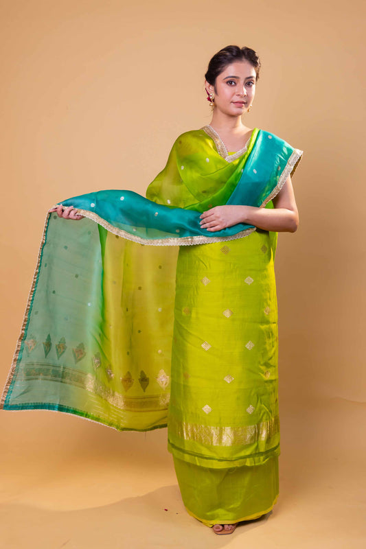 Pista Green Chiniya Silk Suit With Shaded Lace Dupatta