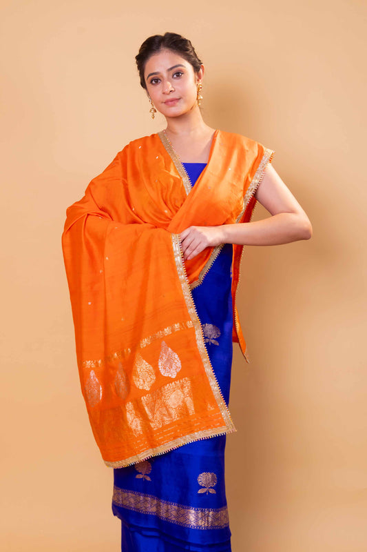 Royal Blue Chiniya Silk Suit With Orange Lace Dupatta