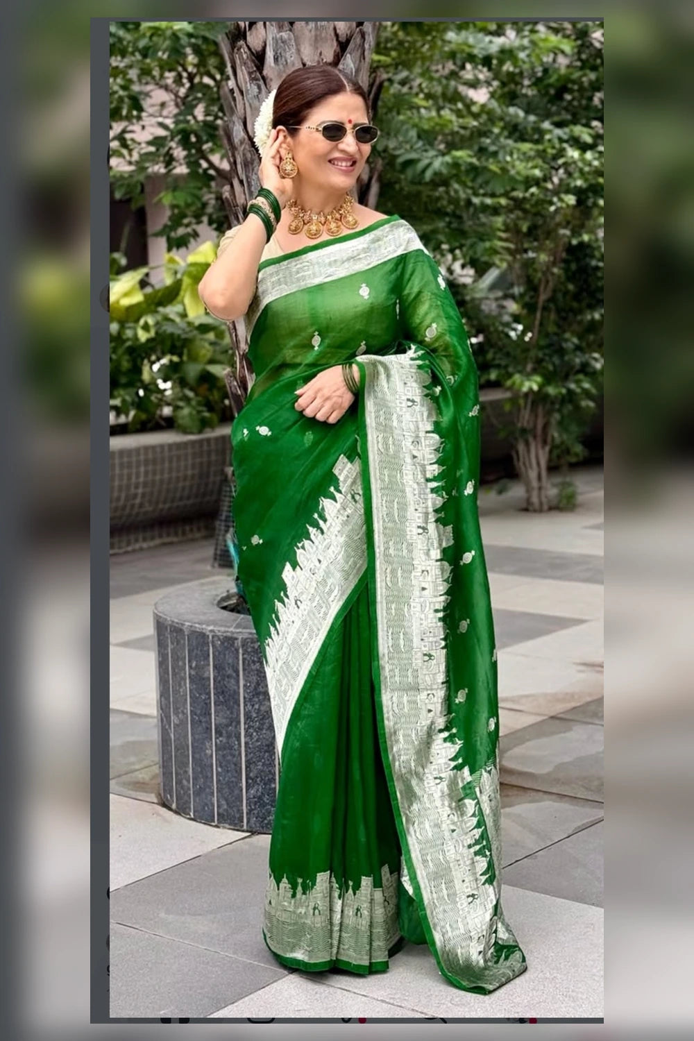Bottle Green Banarasi Ghat Weaving Organza Silk Saree