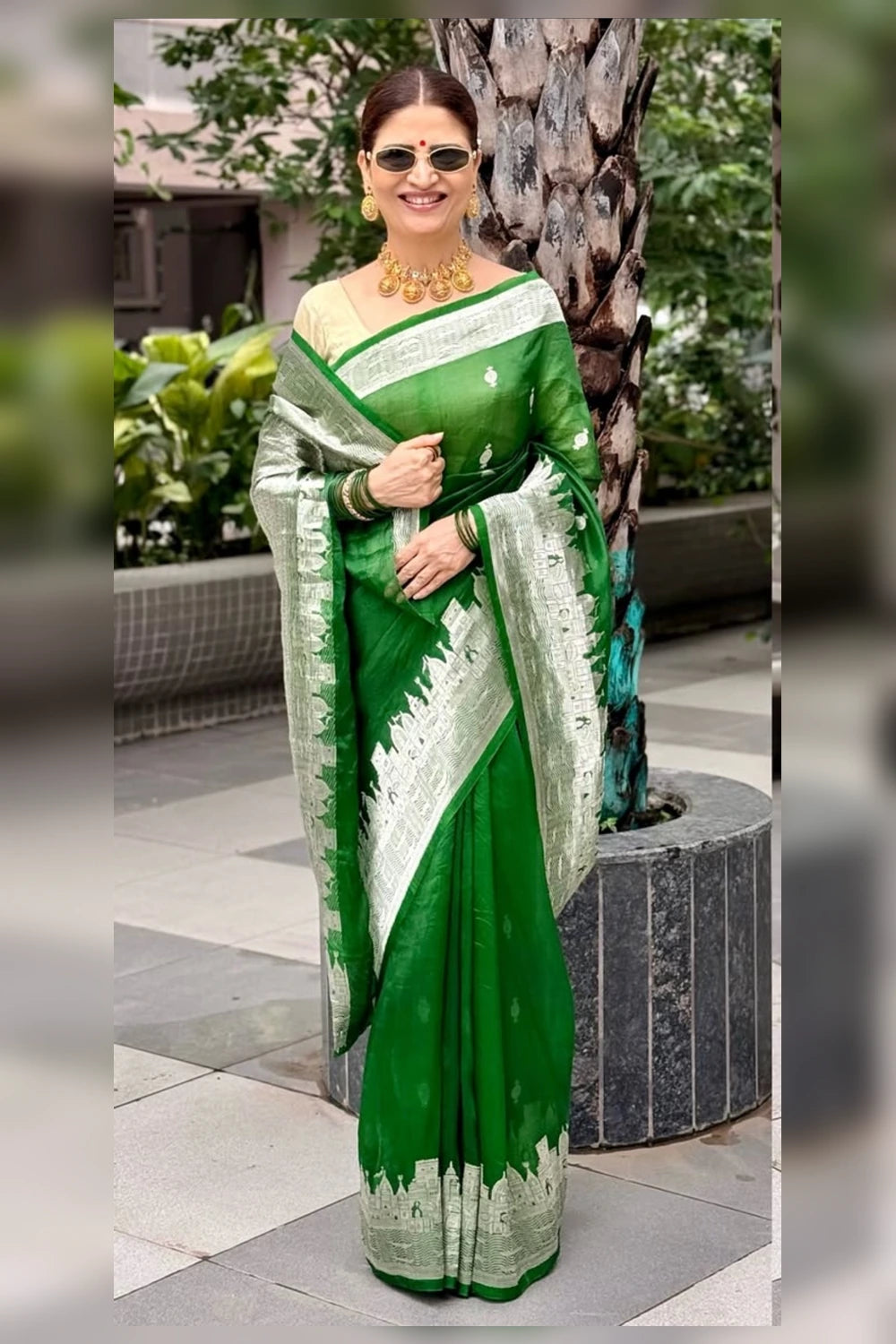 Bottle Green Banarasi Ghat Weaving Organza Silk Saree