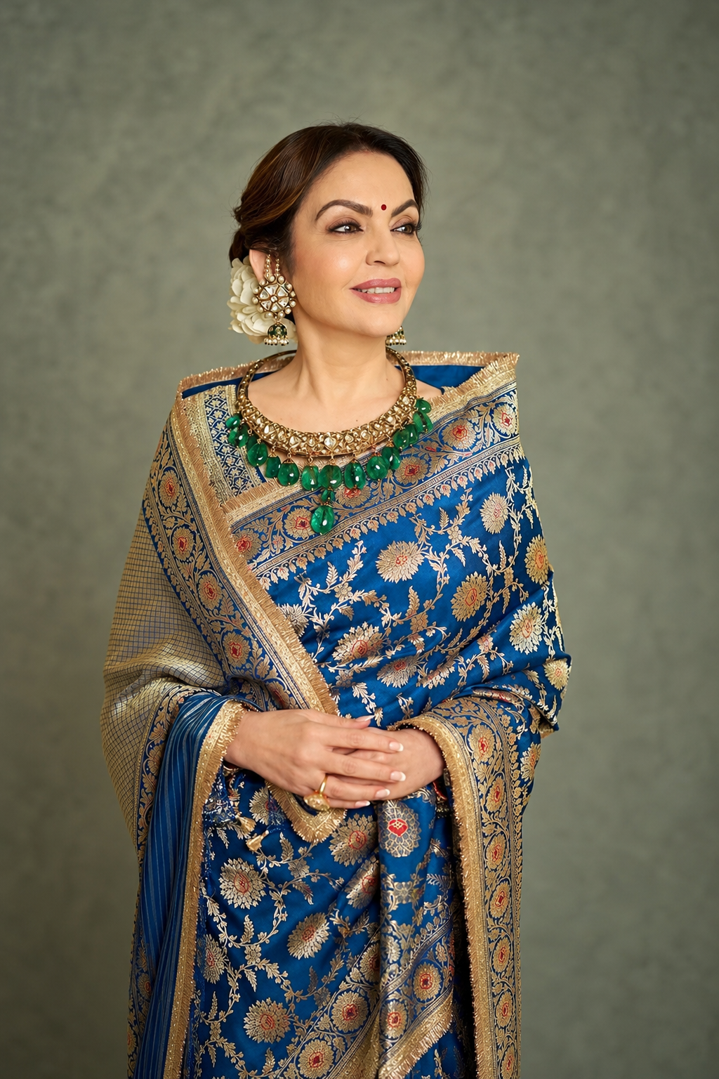 Royal Blue Floral Meena Katan Banarasi Silk Saree