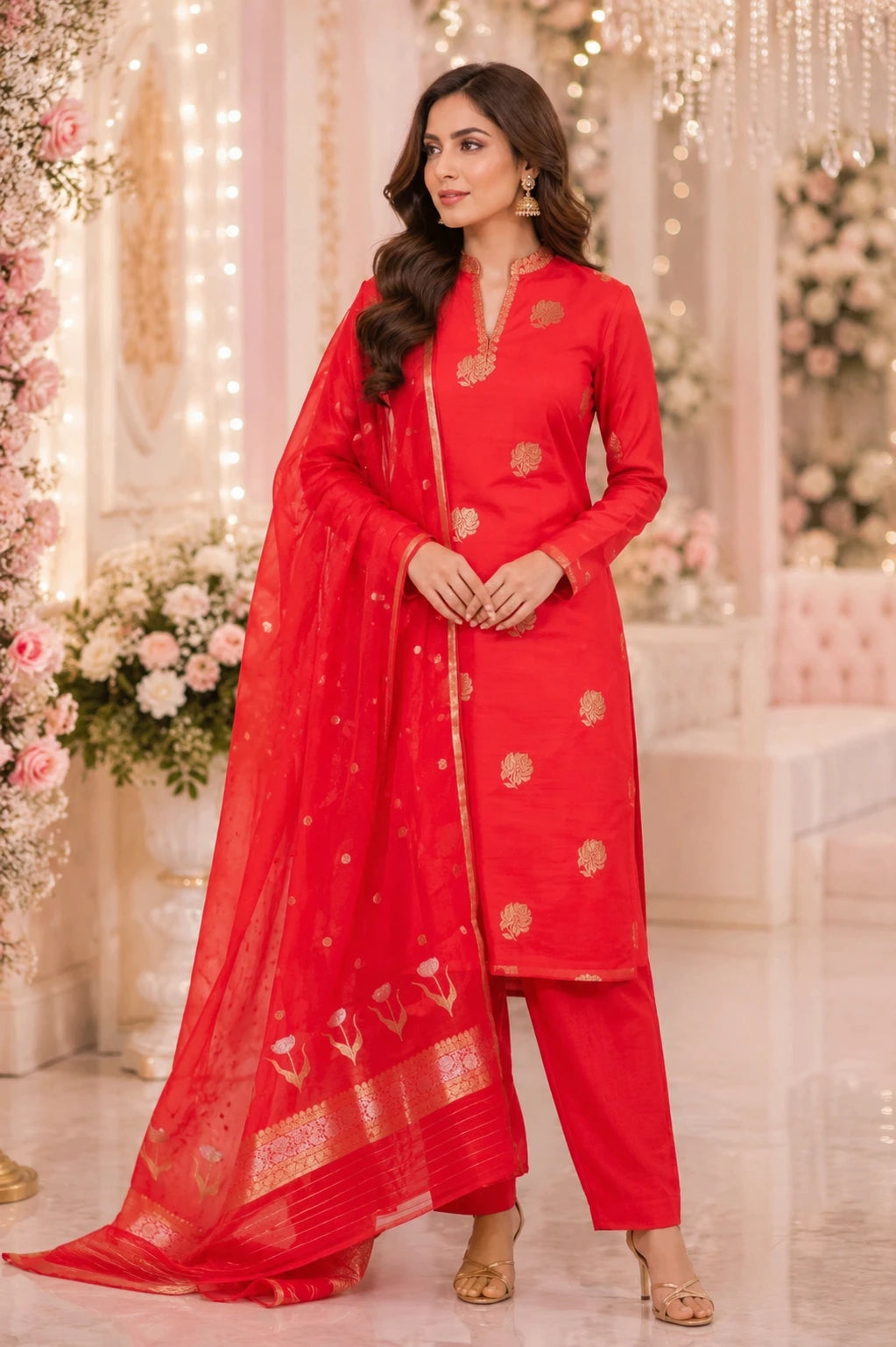 Red Handwoven Chiniya Silk Suit