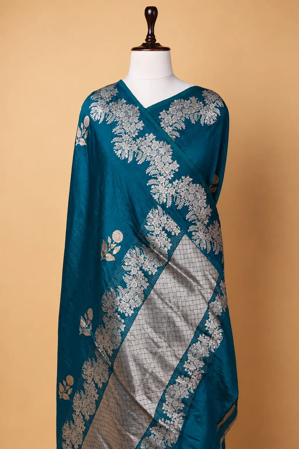 Peacock Blue Floral Puna Silk Saree