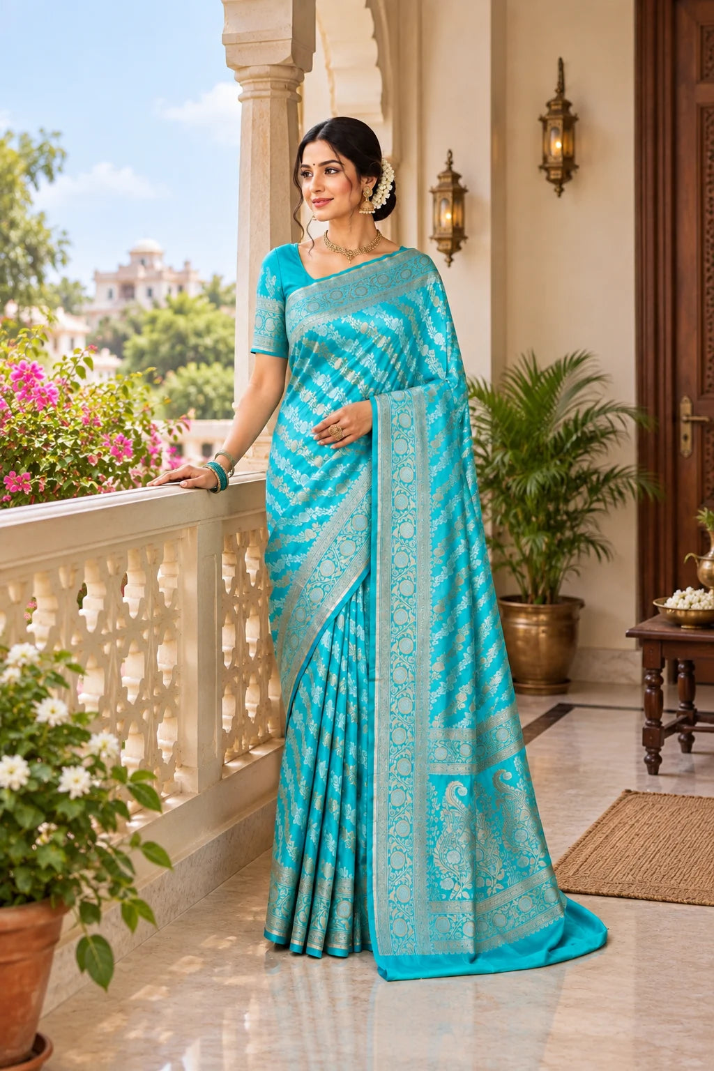 Firozi Blue Sona Rupa Ada Weaving Katan Silk Saree