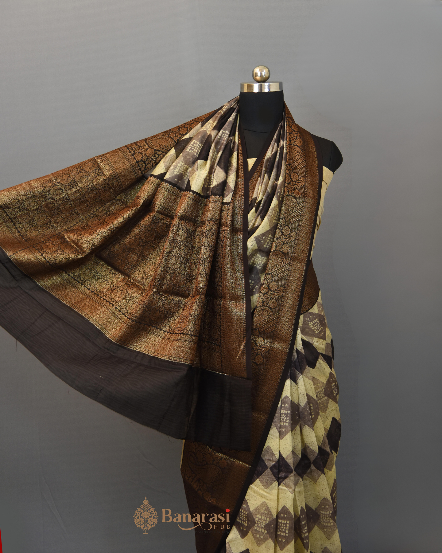 Beige & Coffee Brown Geometrical Print Chanderi Banarasi Silk