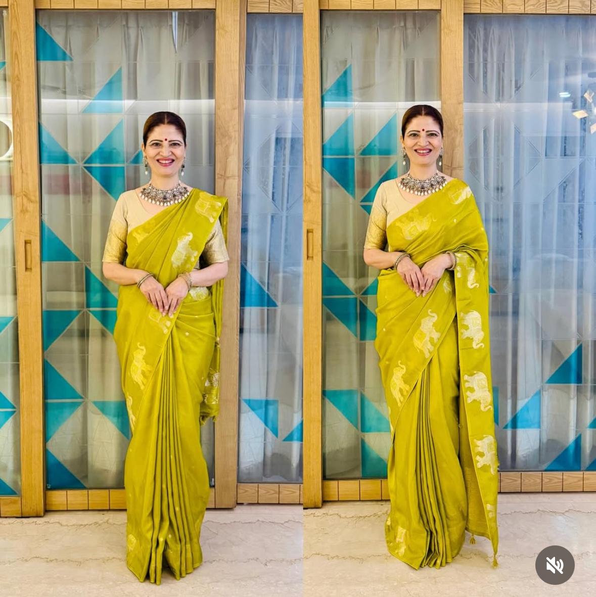 Lime Green Elephant Semi Silk Saree