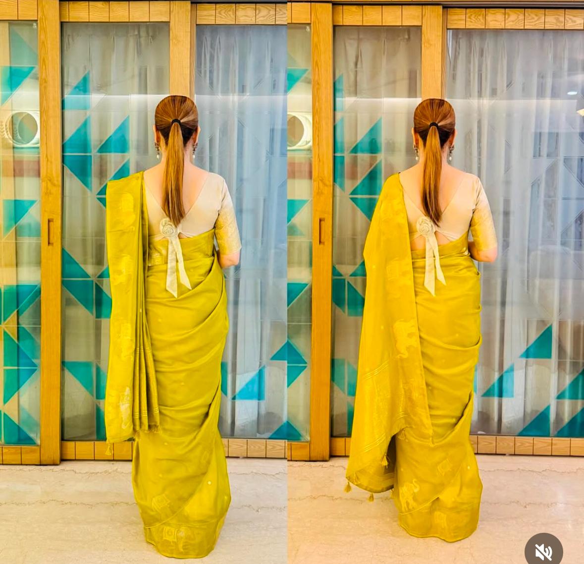 Lime Green Elephant Semi Silk Saree