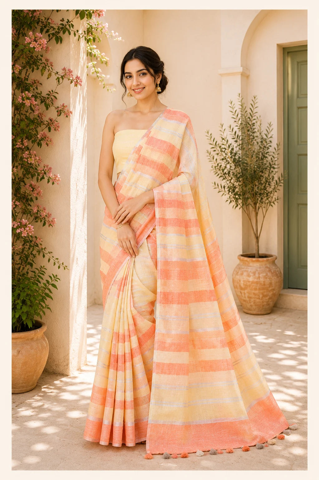 Yellow & Orange Pure Linen Saree