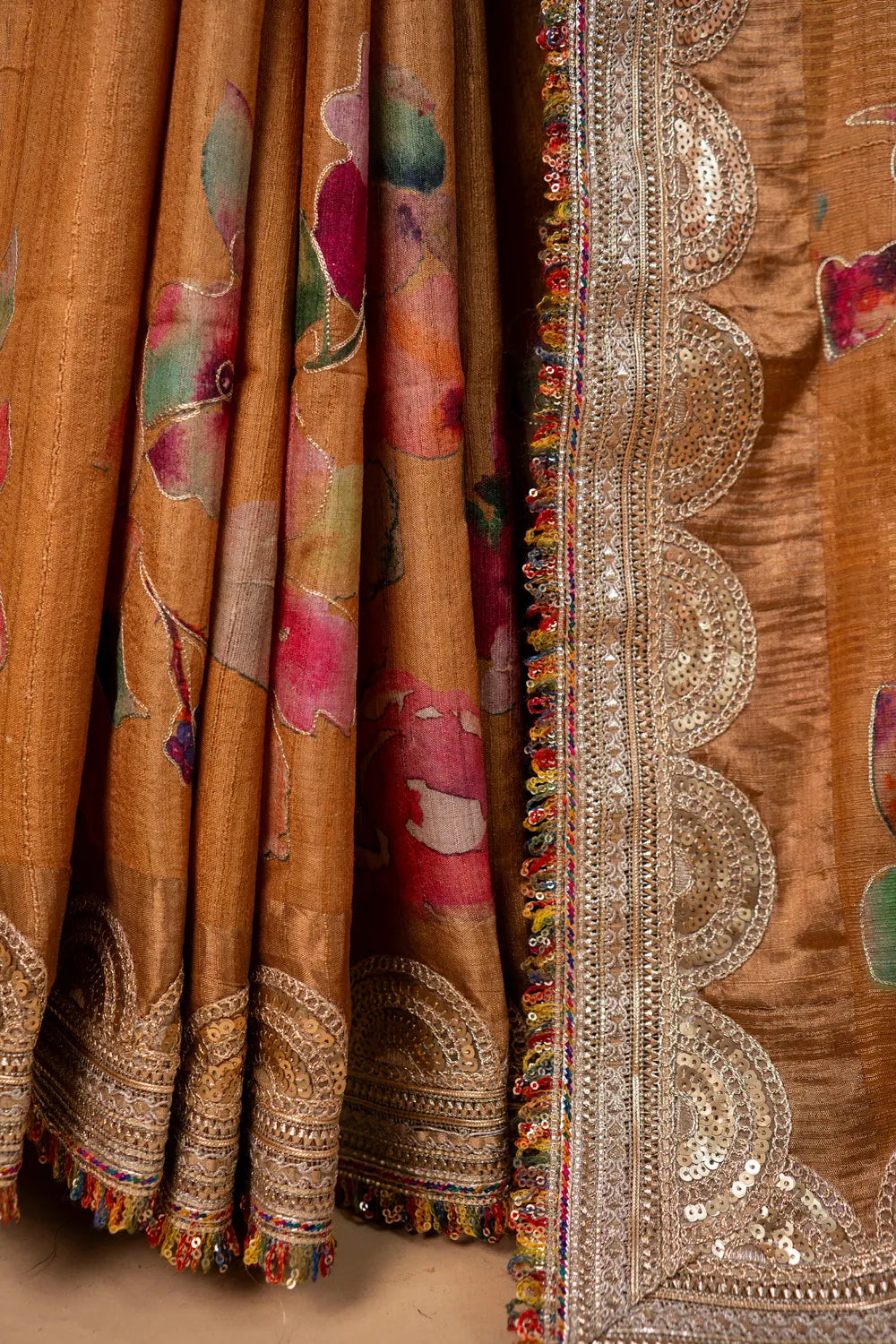 Beige Floral Embellished Tussar Silk Saree