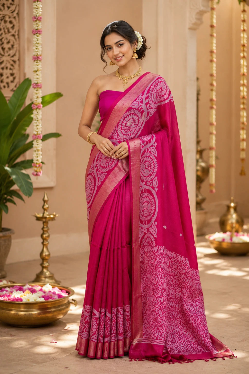 Rani Pink Resham Buti Raw Silk Saree