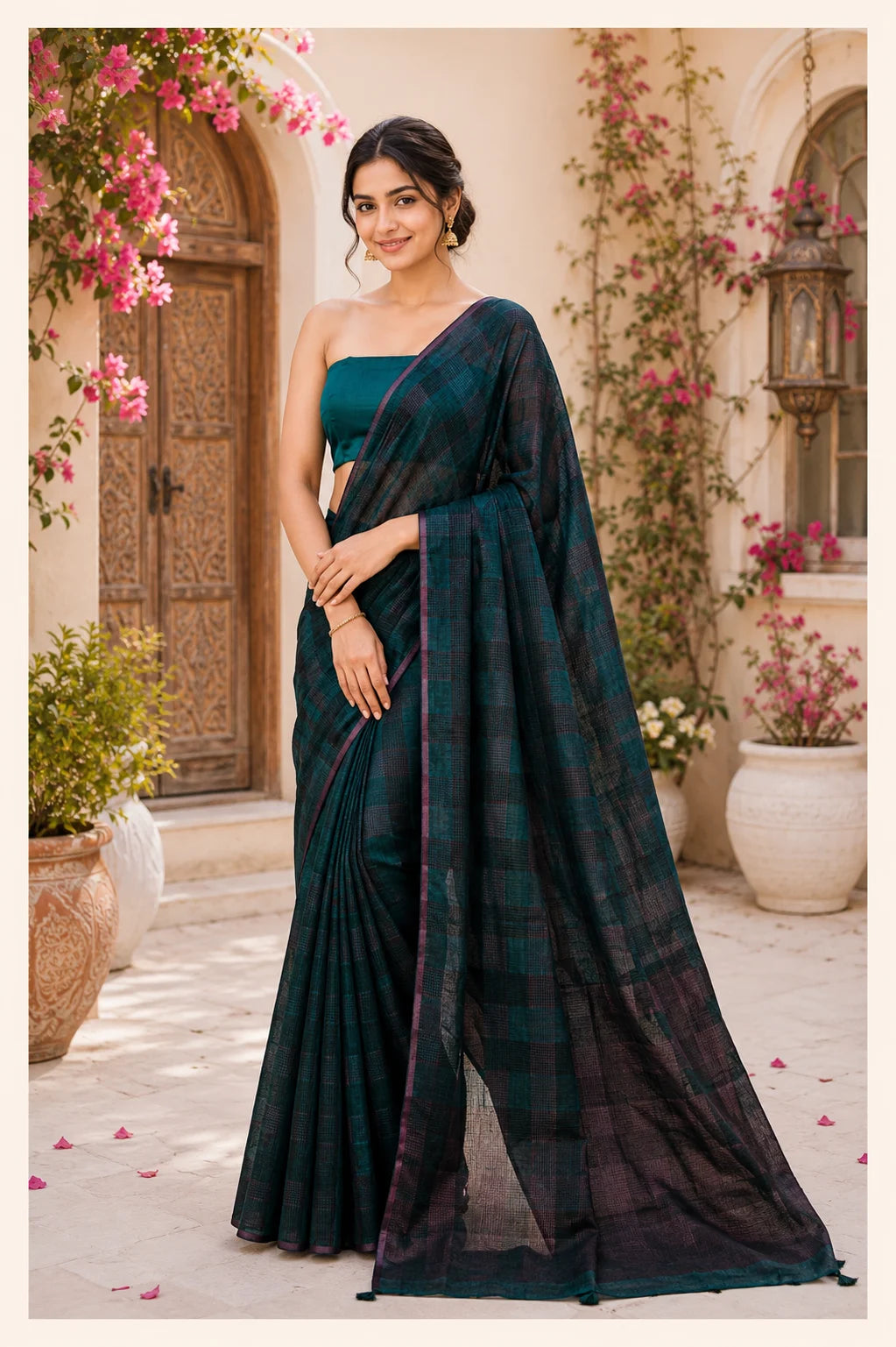 Rama Green Checks weaving Pure Linen Saree