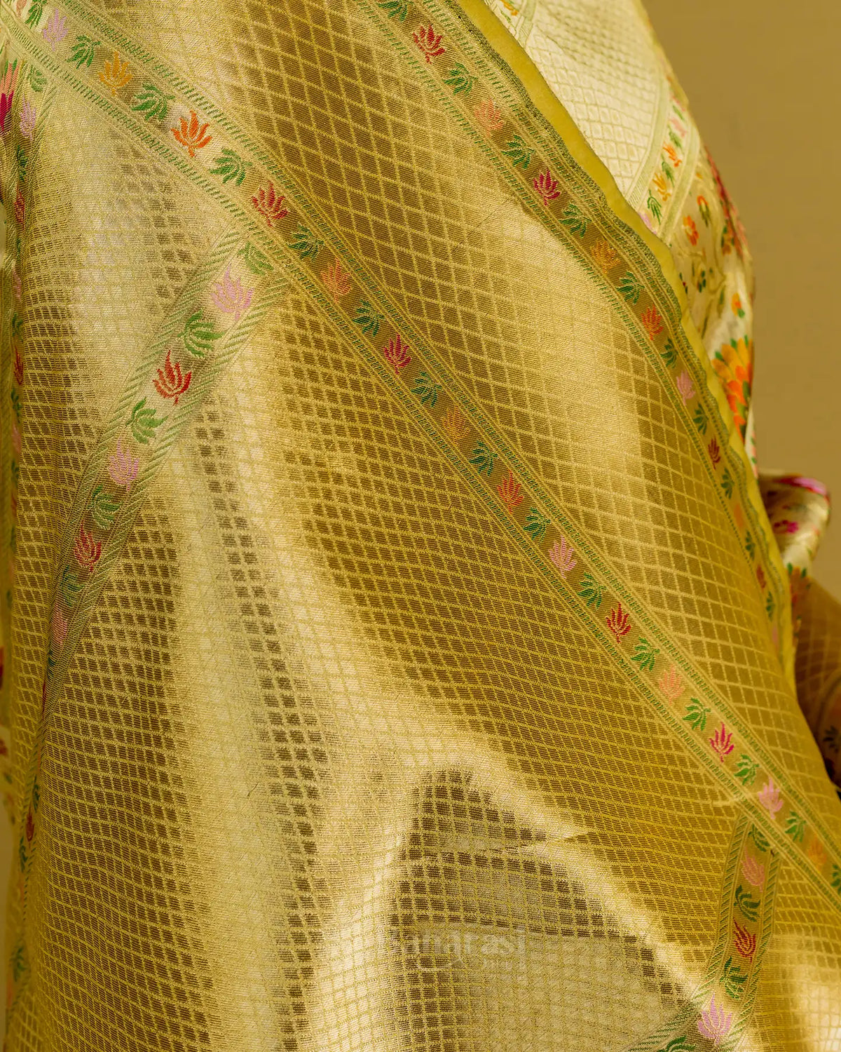 Beige Multi Resham Weaving Tissue katan Banarasi Silk Saree