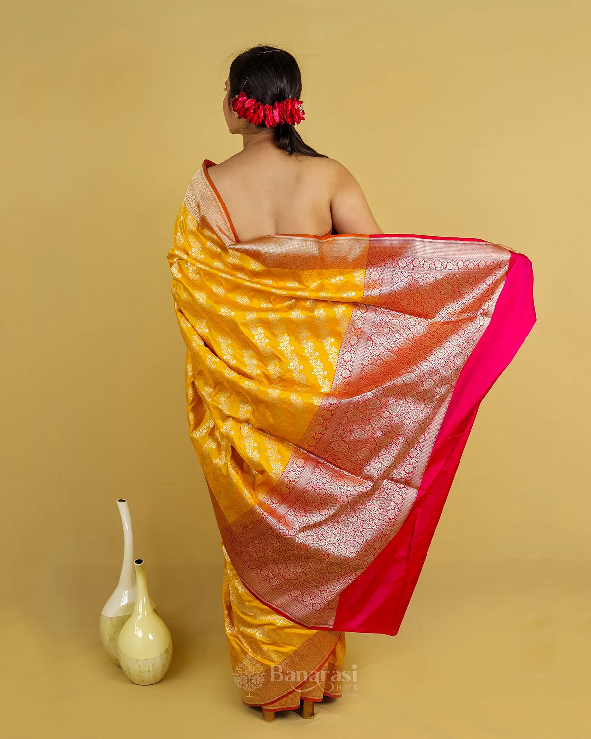 Bright Yellow Ada Lehariya Katan Banarasi Silk Saree