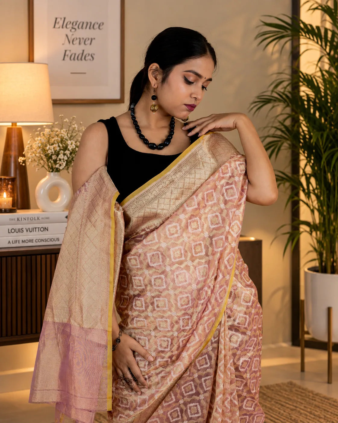 Golden Metallic Pink Tissue Banarasi Silk Saree