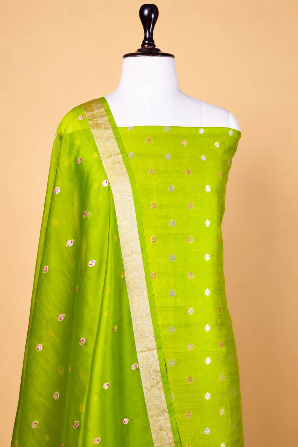 Olive Green Handwoven Chiniya Silk Suit Set