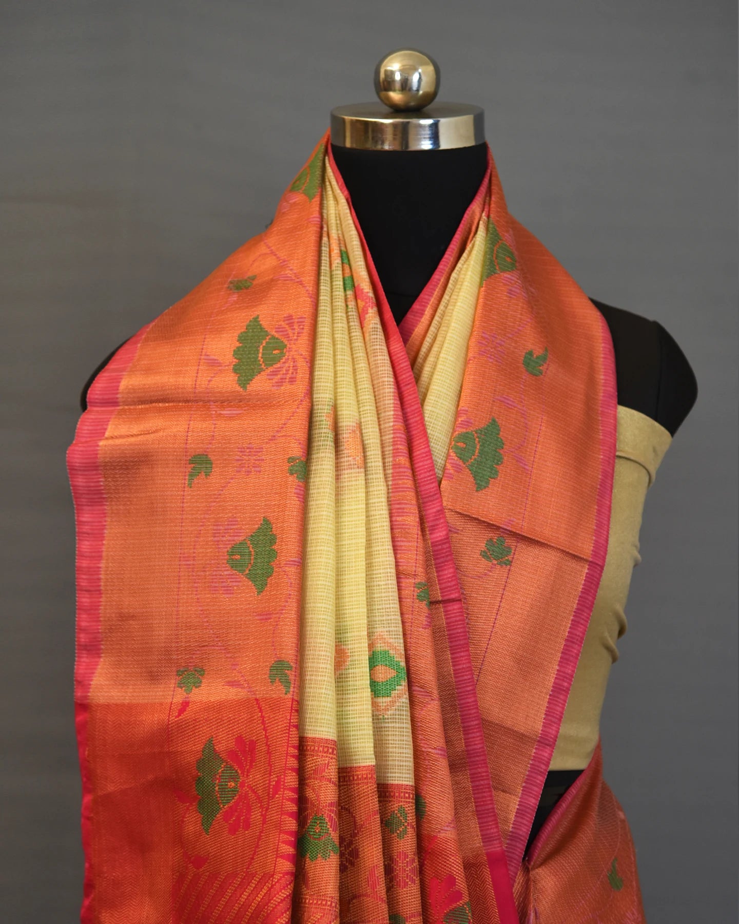 Beige Multi Color Woven Cotton Banarasi Saree