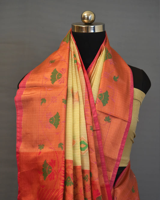 Beige Multi Color Woven Cotton Banarasi Saree