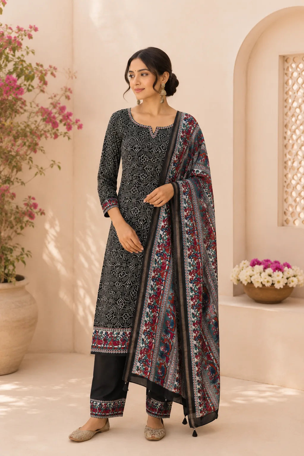 Black Cotton Printed Suit