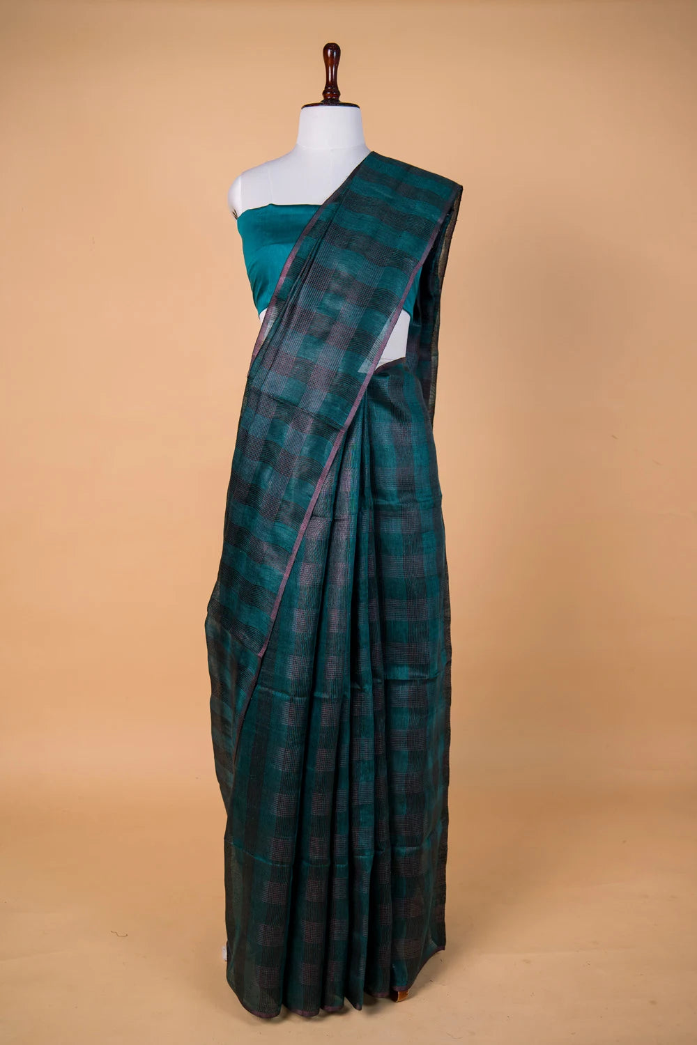 Rama Green Checks weaving Pure Linen Saree