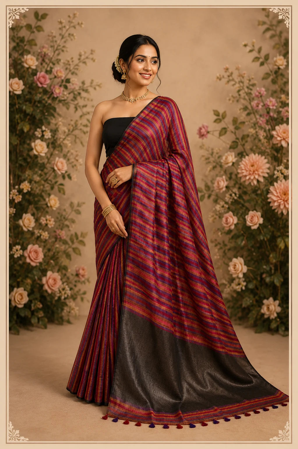 Multi Color Striped Pure Linen Saree