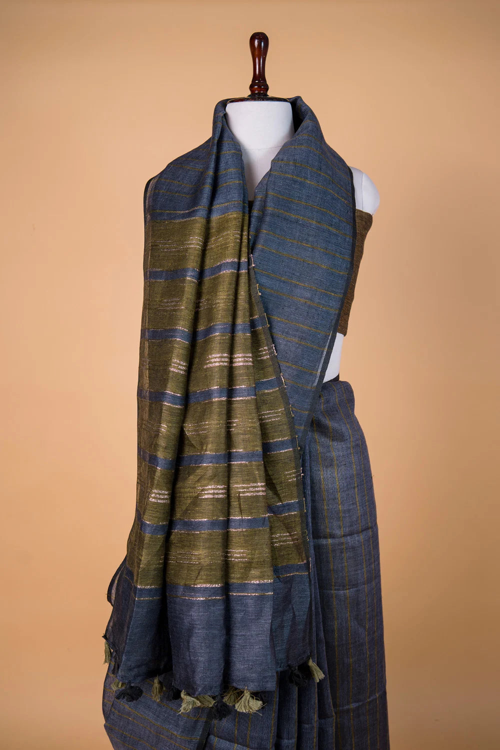 Blue Striped Pure Linen Saree