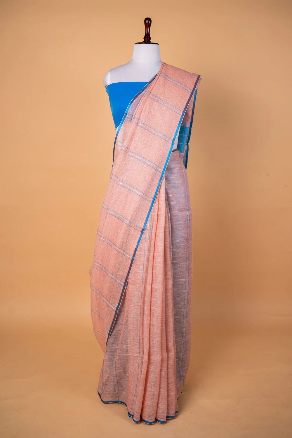 Peach & Blue Stripes Pure Linen Saree