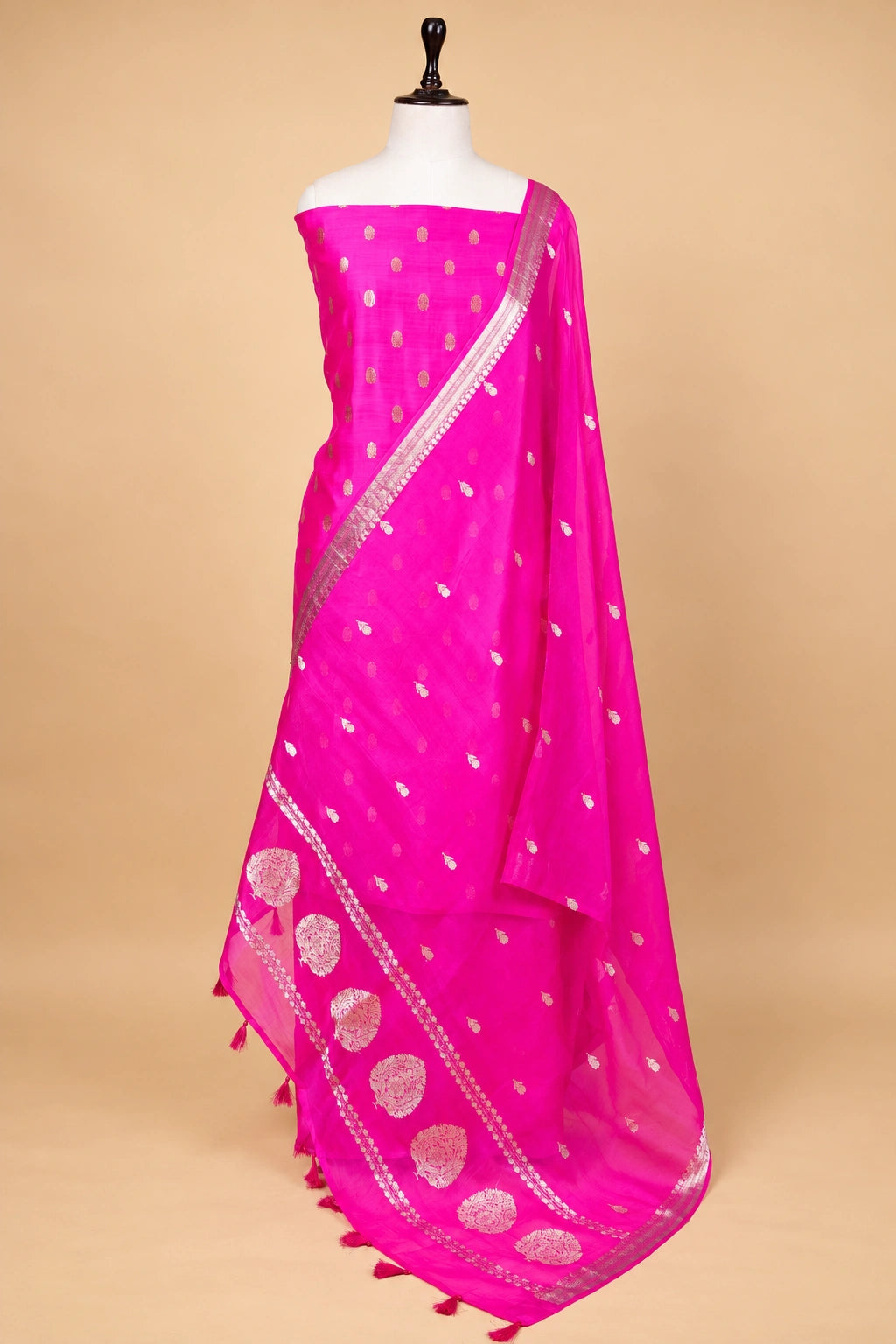 Rani Pink Handwoven Chiniya Silk Suit Set