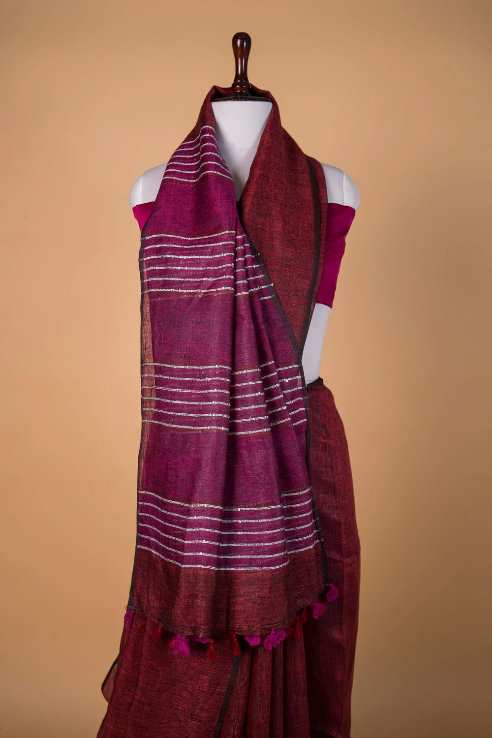 Brick Red Pure Linen Saree