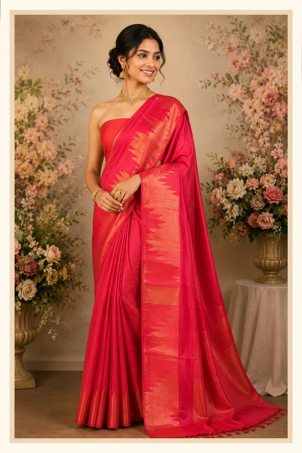 Hot Pink Temple Border Raw Silk Saree