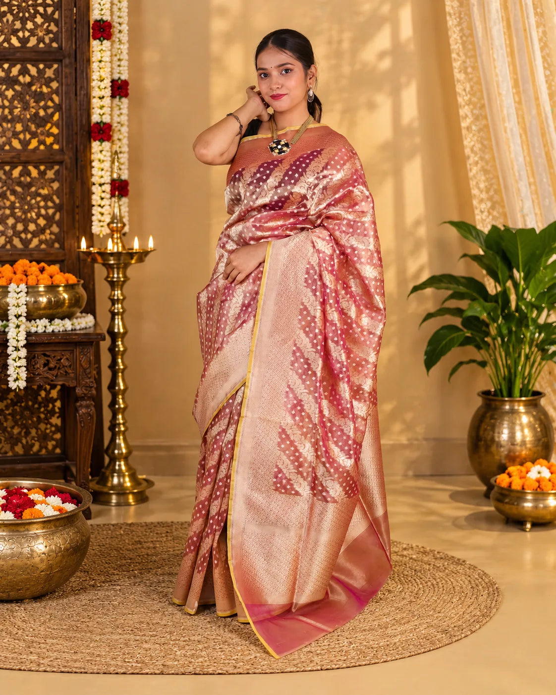 Golden Metallic Purple Tissue Banarasi Silk Saree