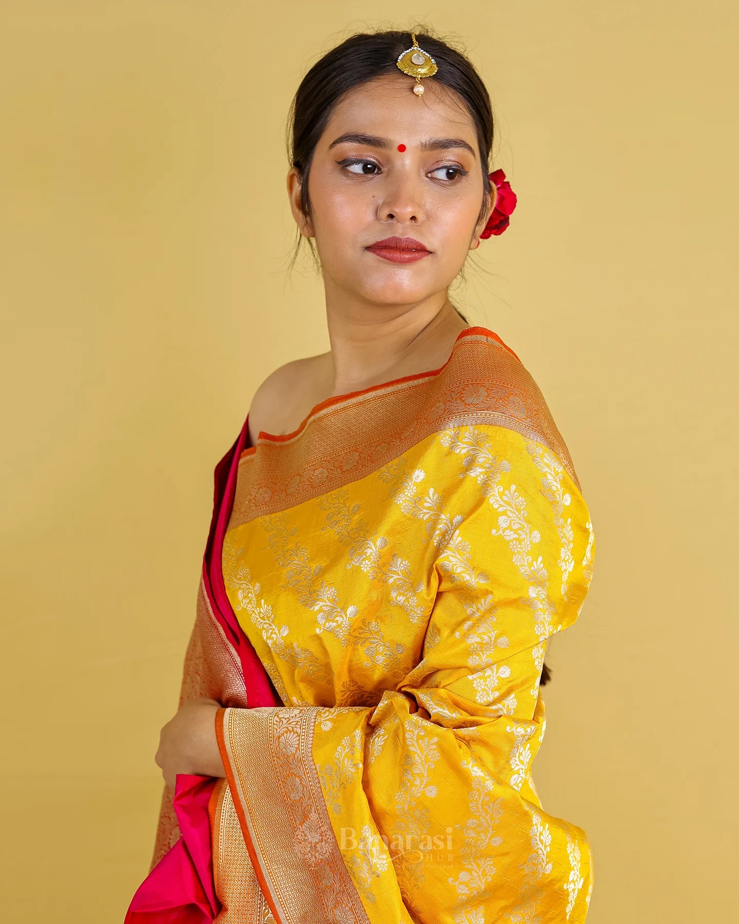 Bright Yellow Ada Lehariya Katan Banarasi Silk Saree